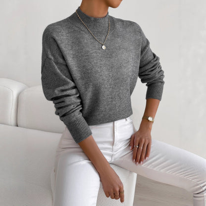 Women’s Mock Neck Long Sleeve Solid Knit Sweater Pullover with Ribbed Trim