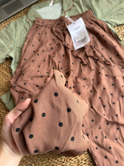 Vintage Polka Dot Embroidered Linen Pants | Casual High Waist Drawstring Loose Wide Leg Trousers