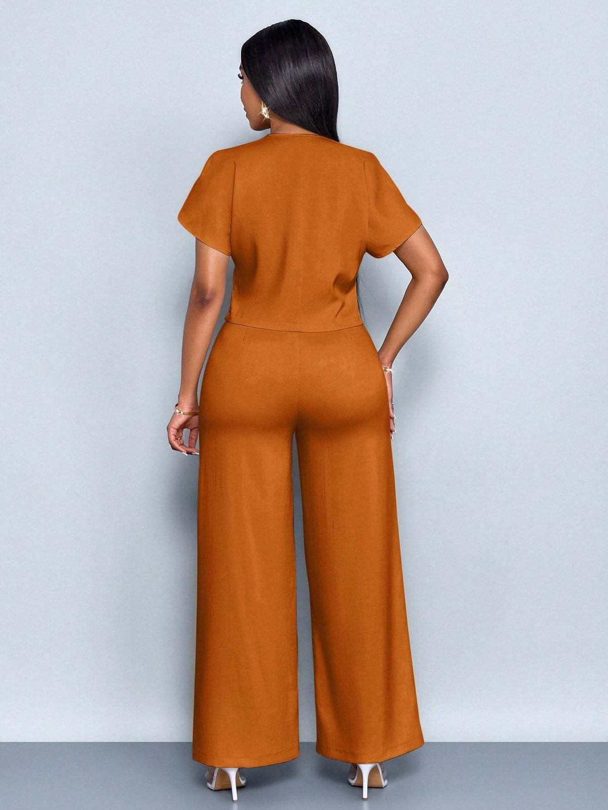 Solid-Color V-Neck Button-Front Asymmetric Short-Sleeve Pocket Top & Pants Set