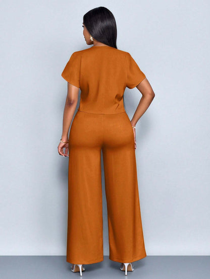 Solid-Color V-Neck Button-Front Asymmetric Short-Sleeve Pocket Top & Pants Set