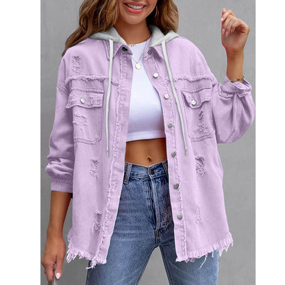 Women's Hooded Distressed Denim Jacket | Casual Long Sleeve Washed Jean Shacket Top