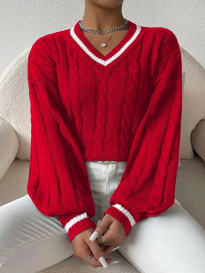 Women's Cable Knit V-Neck Sweater | Casual Contrast Stripe Preppy Jumper Top