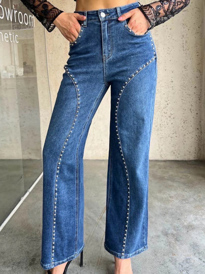 Women's Denim Knit High-Waist Straight-Leg Streetwear Pants