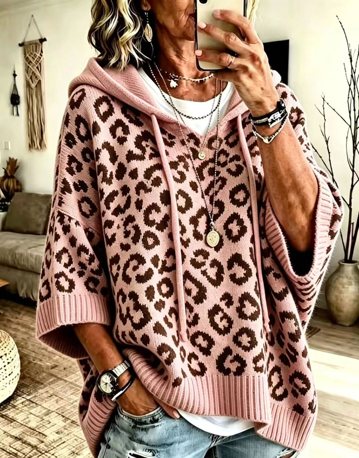 Knit Leopard-Print Hooded Drawstring Pullover Relaxed-Fit Sweater