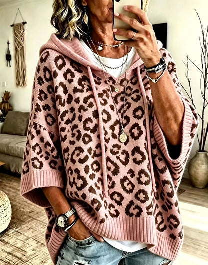Knit Leopard-Print Hooded Drawstring Pullover Relaxed-Fit Sweater