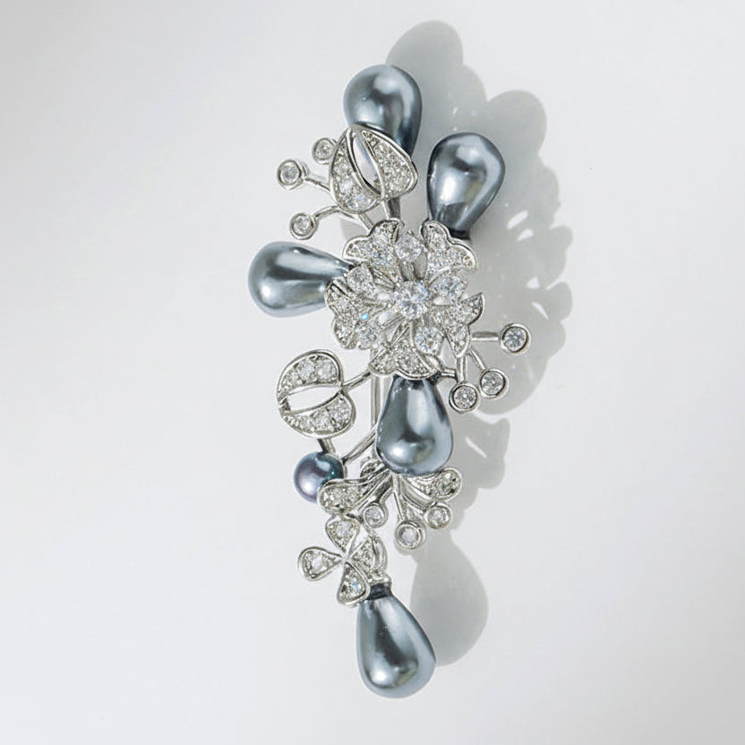 Vintage Lucky Clover Brooch, Natural Black Pearl Wedding Brooch