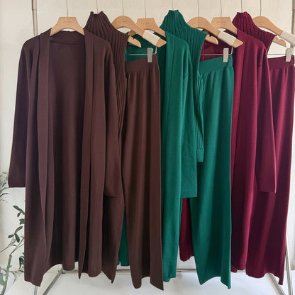 Mercerized Cotton Knit 3-Piece Set | Sleeveless Mock Neck Sweater Open Front Cardigan & Wide Leg Pants Suit