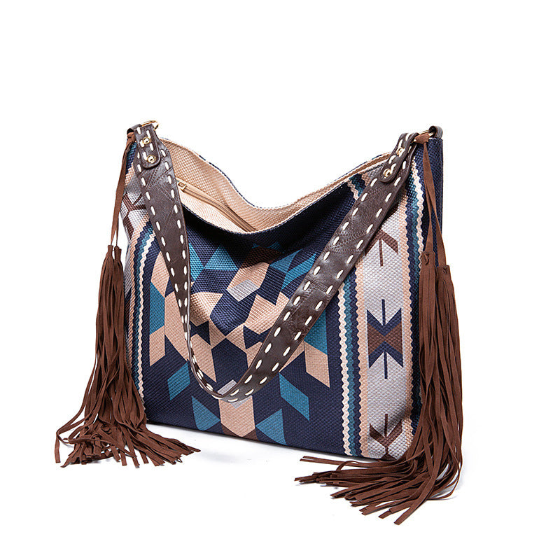 Vintage Southwestern Shoulder Bag - Handmade Tribal Large Capacity Boho Tote with Leather Fringe