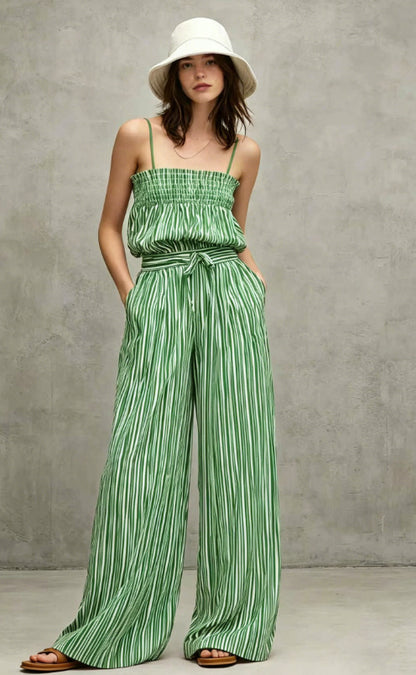 Chic Vertical Stripe Co-ord Set for Women - Smocked Camisole and Breezy Trousers