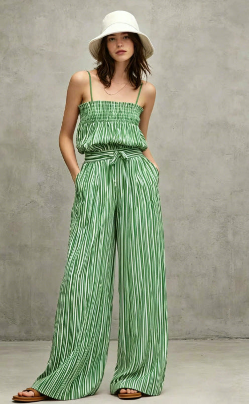 Chic Vertical Stripe Co-ord Set for Women - Smocked Camisole and Breezy Trousers