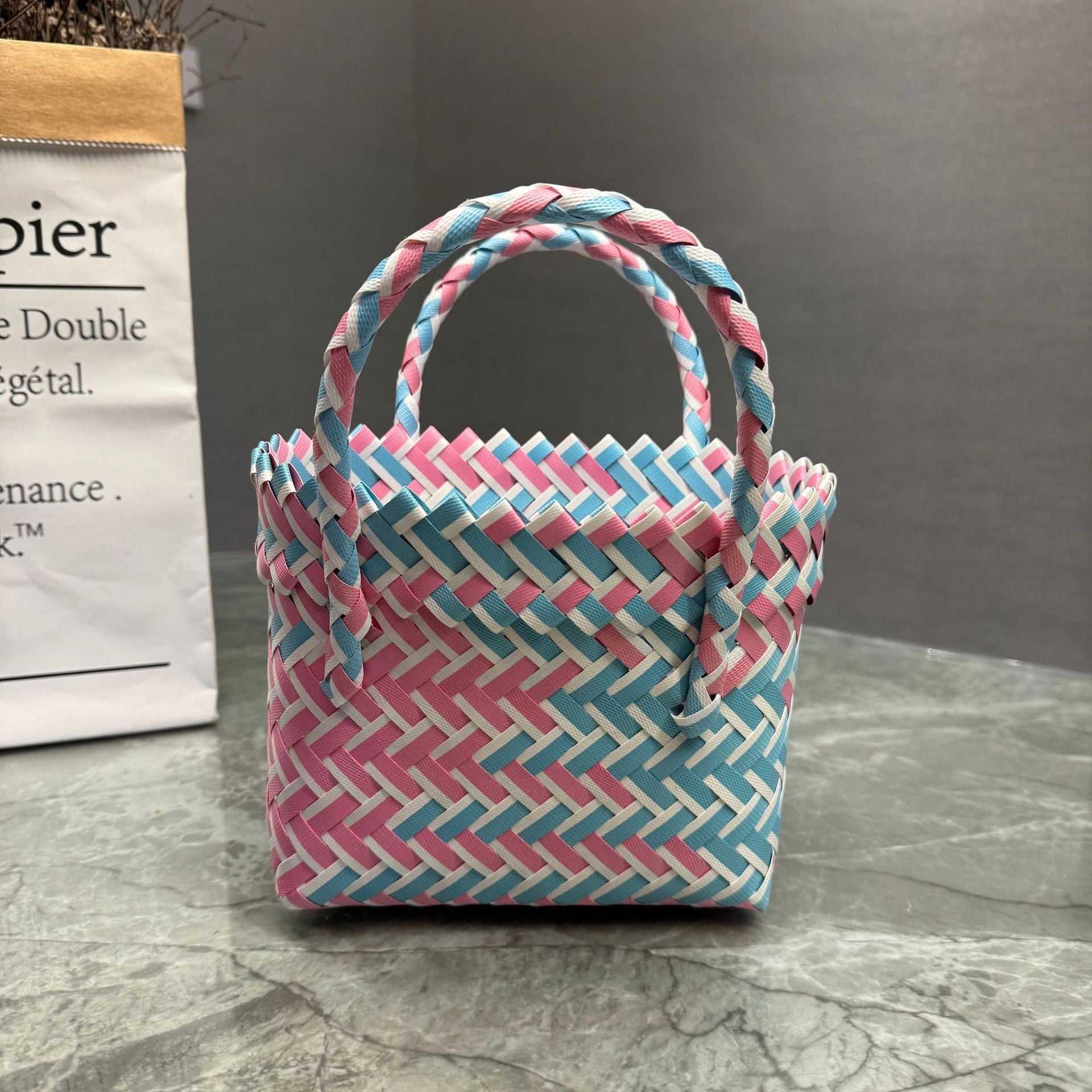 Bohemian Handwoven Upcycled Plastic Tote Bag - Retro Vibrant Striped Beach Basket & Gift Hamper Purse