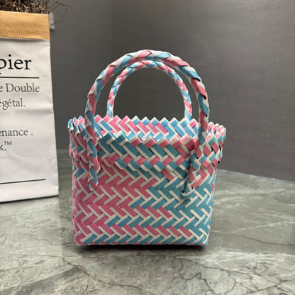 Bohemian Handwoven Upcycled Plastic Tote Bag - Retro Vibrant Striped Beach Basket & Gift Hamper Purse