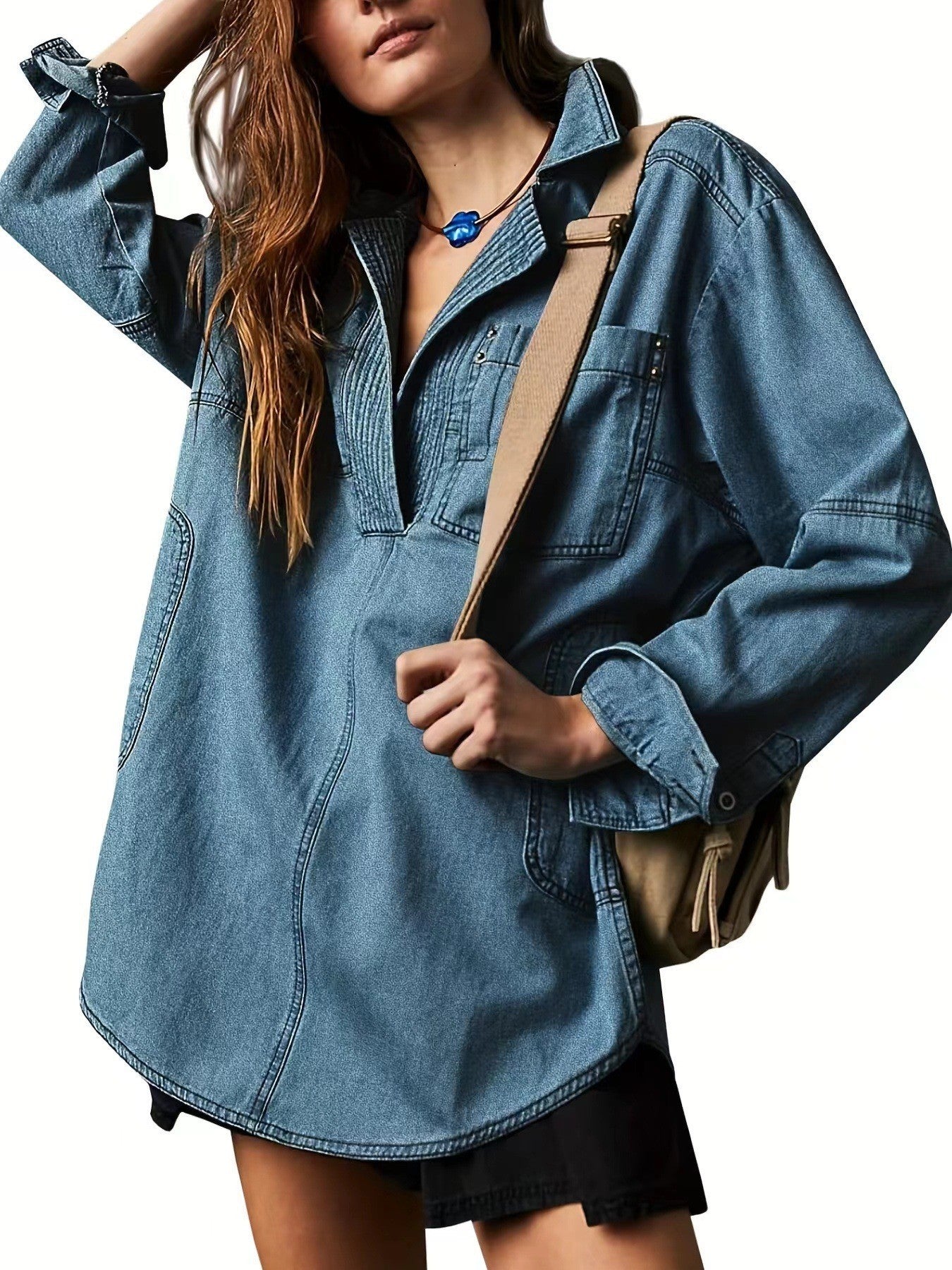 Vintage Oversized Denim Blouse for Women - Chic Pullover Split Neck Tunics with Pockets