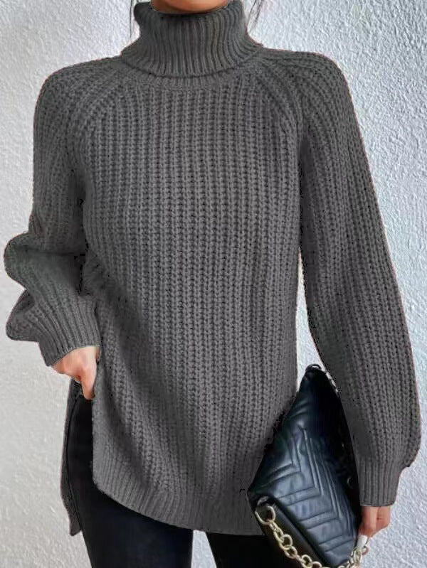 Women's Turtle Neck Ribbed Knit Sweater | Casual Long Sleeve Side Split Tunic Gown