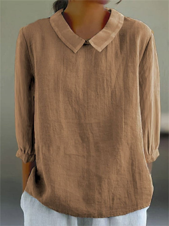 Chemise décontractée unie en coton et lin à manches 3/4 pour femme