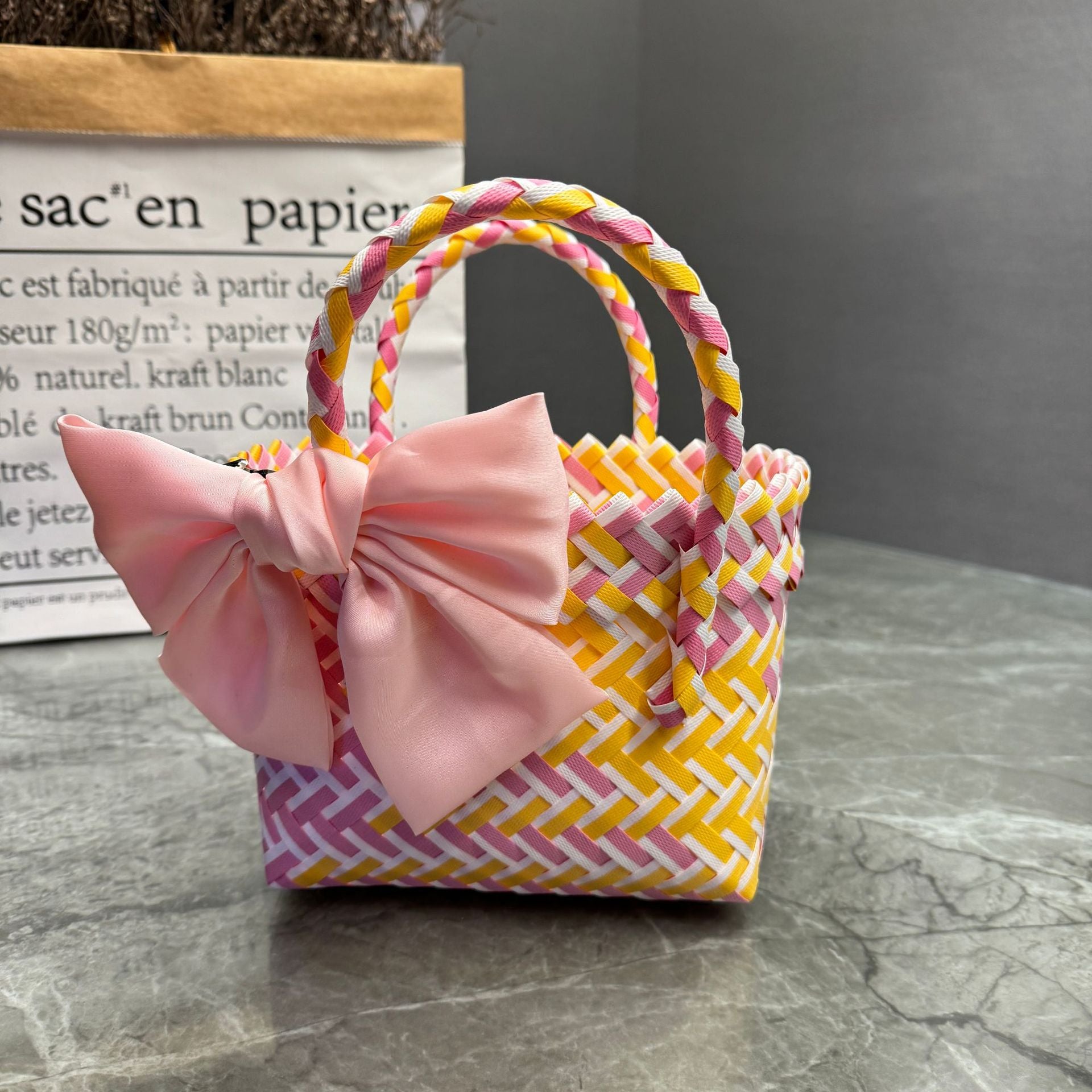 Bohemian Handwoven Upcycled Plastic Tote Bag - Retro Purple Checked Beach Basket with Large Pink Bow