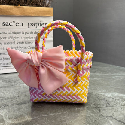Bohemian Handwoven Upcycled Plastic Tote Bag - Retro Purple Checked Beach Basket with Large Pink Bow