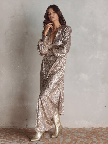 Solid-Color V-Neck Patchwork Pullover Relaxed-Fit Long-Sleeve Dress