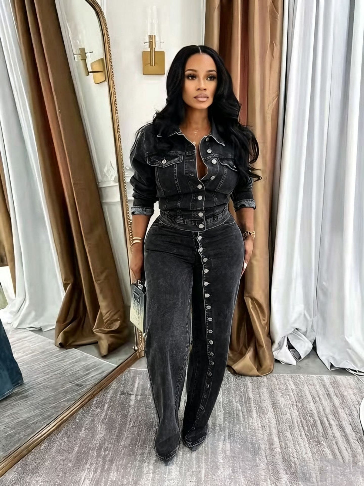 Women's Denim Button-Front Washed Two-Piece Set