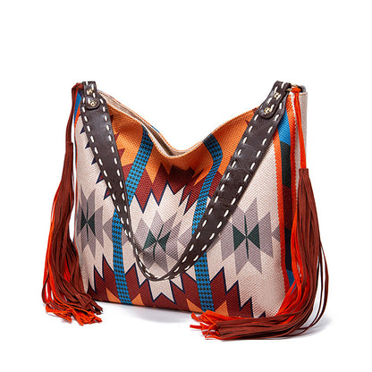 Vintage Southwestern Shoulder Bag - Handmade Tribal Large Capacity Boho Tote with Leather Fringe