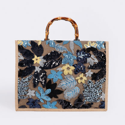 Luxury Bamboo Handle Sequin Floral Tote Bag - Large Capacity Straw & Jute Embroidered Travel Handbag