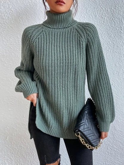 Women's Turtle Neck Ribbed Knit Sweater | Casual Long Sleeve Side Split Tunic Gown