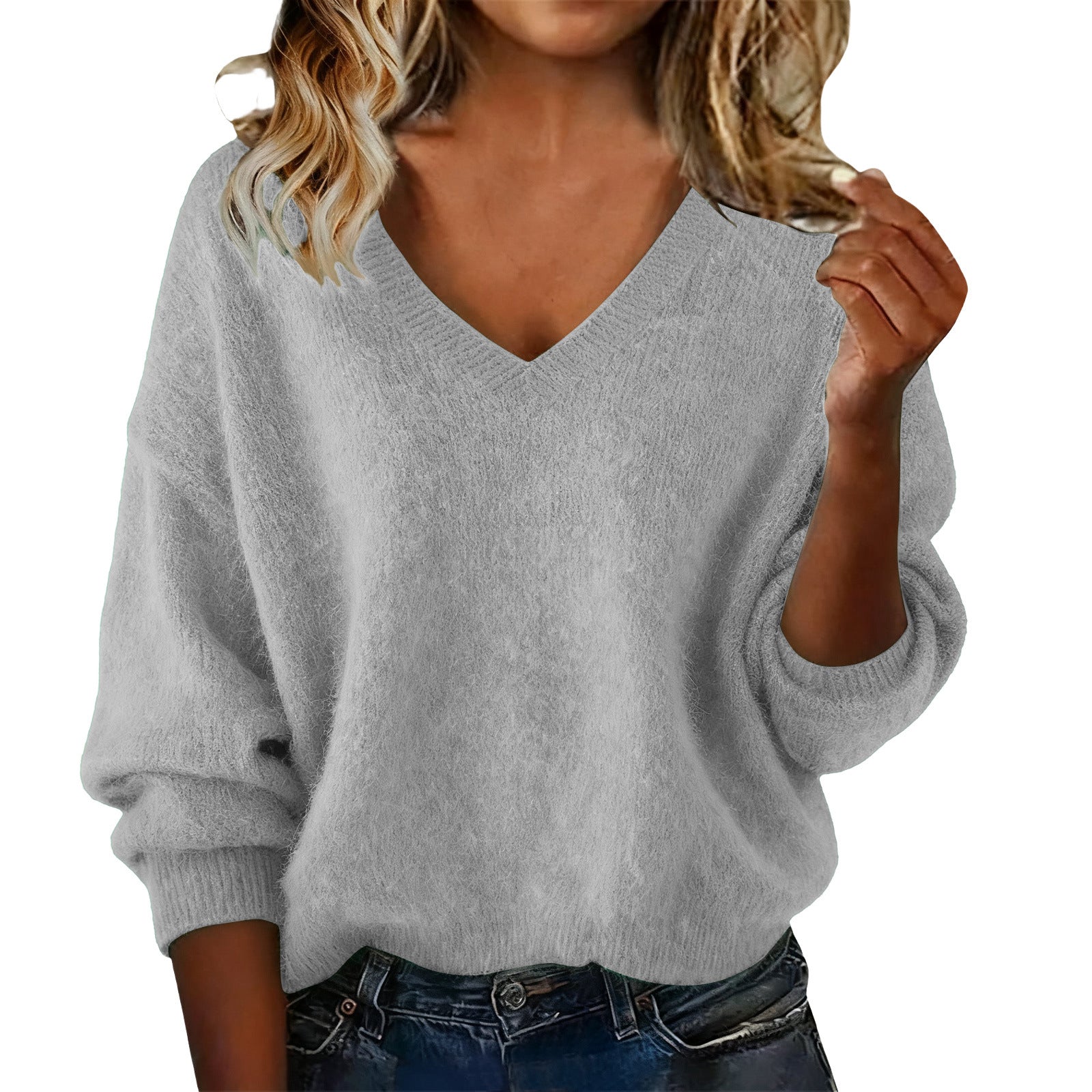Women's V Solid Color Long Sleeve Knit Patchwork Relaxed-Fit Sweater
