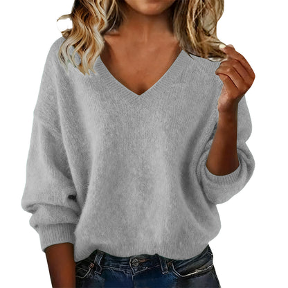 Women's V Solid Color Long Sleeve Knit Patchwork Relaxed-Fit Sweater
