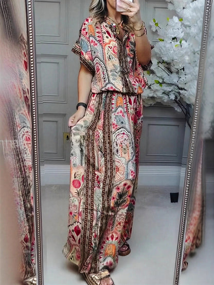 Ensemble deux pièces bohème à imprimé cachemire pour femme – Chemise décontractée à manches courtes boutonnée et pantalon large, Tenues d'été ethniques assorties
