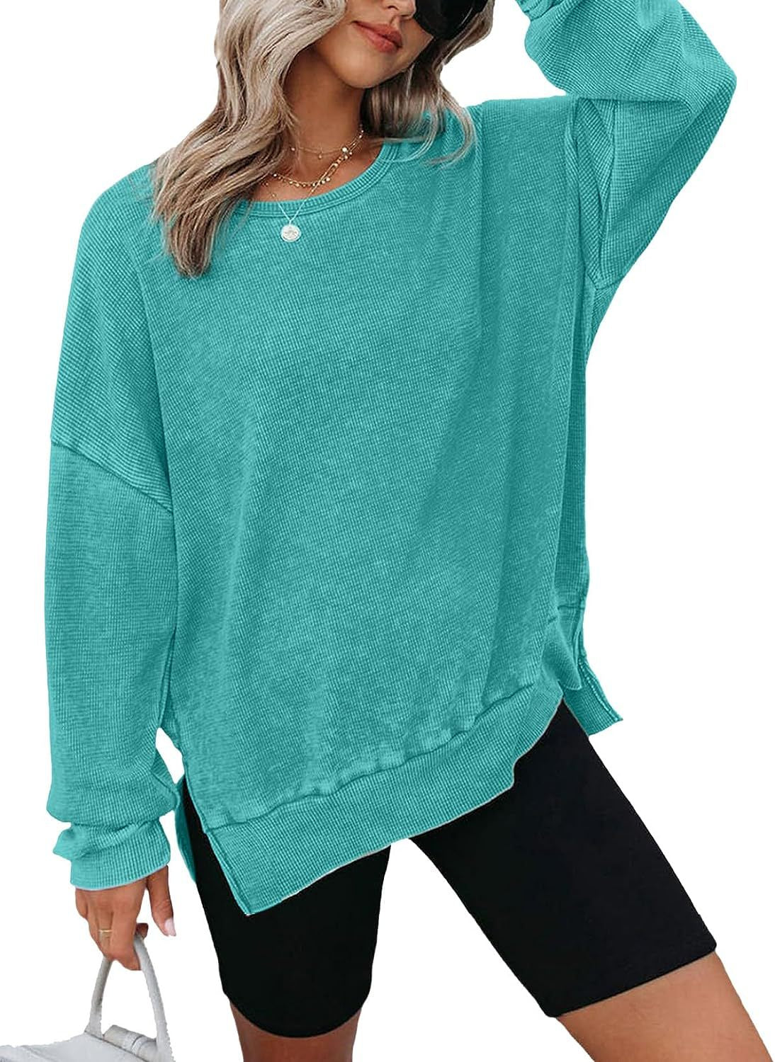 Waffle Knit Oversized Sweatshirt | Loose Fit Round Neck Side Slit Casual Long Sleeve T-Shirt Top