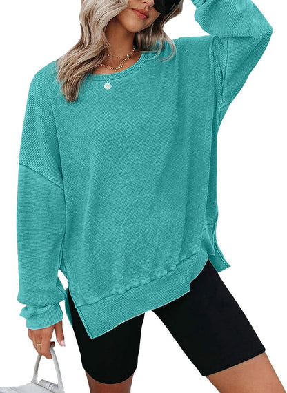 Waffle Knit Oversized Sweatshirt | Loose Fit Round Neck Side Slit Casual Long Sleeve T-Shirt Top