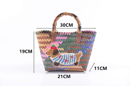 Luxury Bamboo Handle Dachshund Woven Tote Bag - Colorful Striped Polyester Straw Beach Travel Handbag