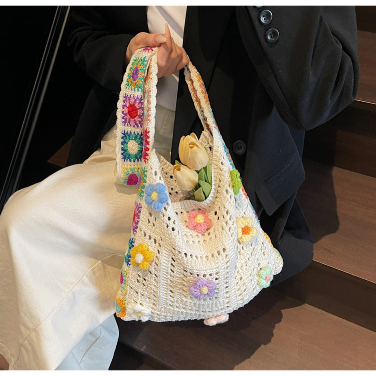 Bohemian Granny Square Crochet Tote Bag - Handmade Floral Knit Beach Shoulder Purse for Women