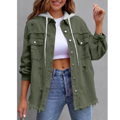 Women's Hooded Distressed Denim Jacket | Casual Long Sleeve Washed Jean Shacket Top