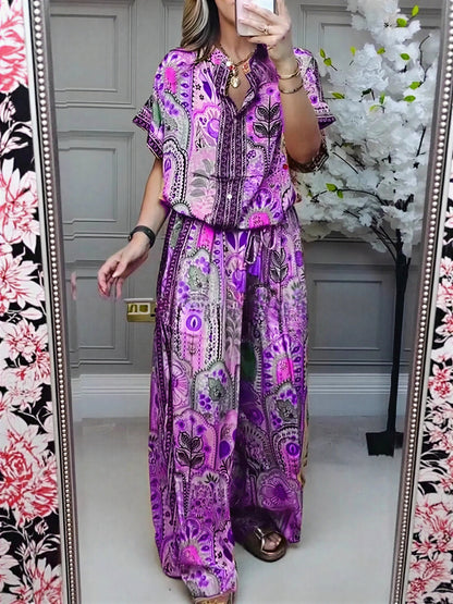 Ensemble deux pièces bohème à imprimé cachemire pour femme – Chemise décontractée à manches courtes boutonnée et pantalon large, Tenues d'été ethniques assorties