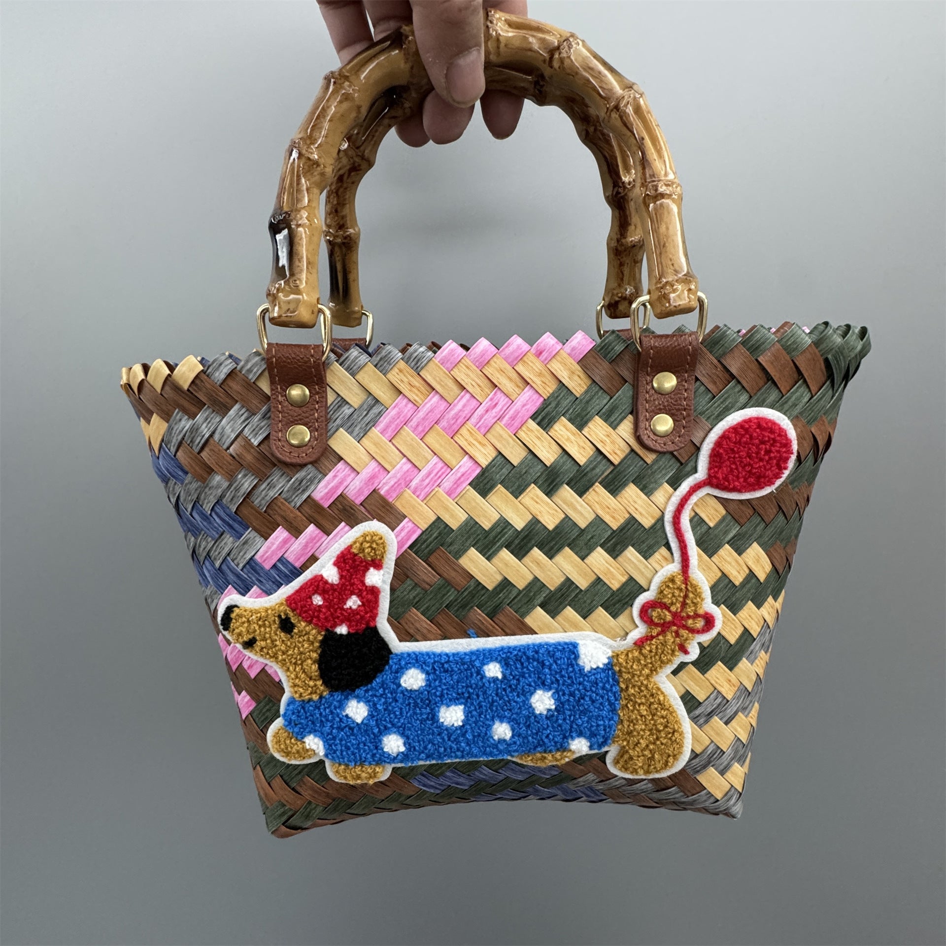 Luxury Bamboo Handle Dachshund Woven Tote Bag - Colorful Striped Polyester Straw Beach Travel Handbag