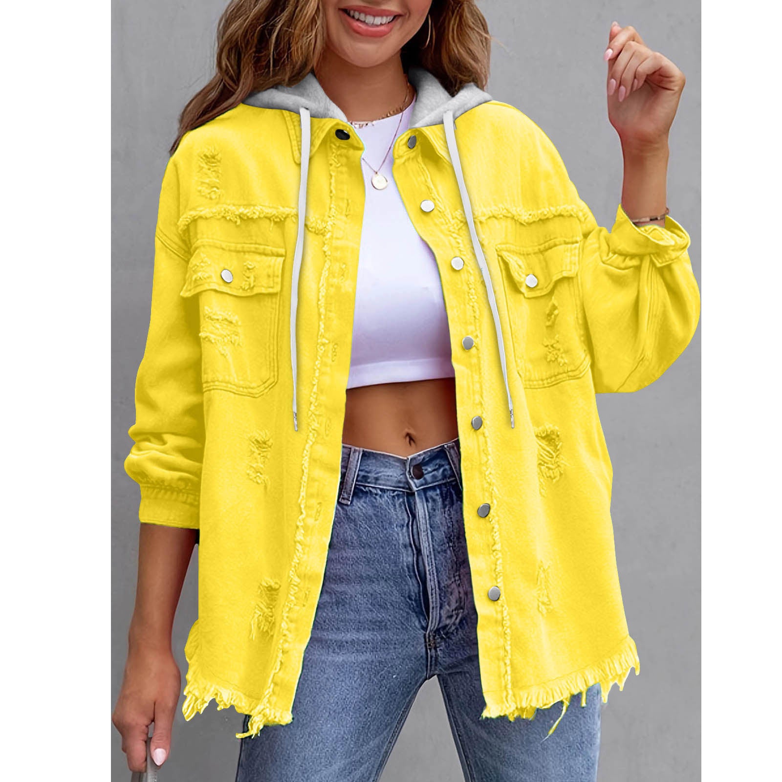 Women's Hooded Distressed Denim Jacket | Casual Long Sleeve Washed Jean Shacket Top