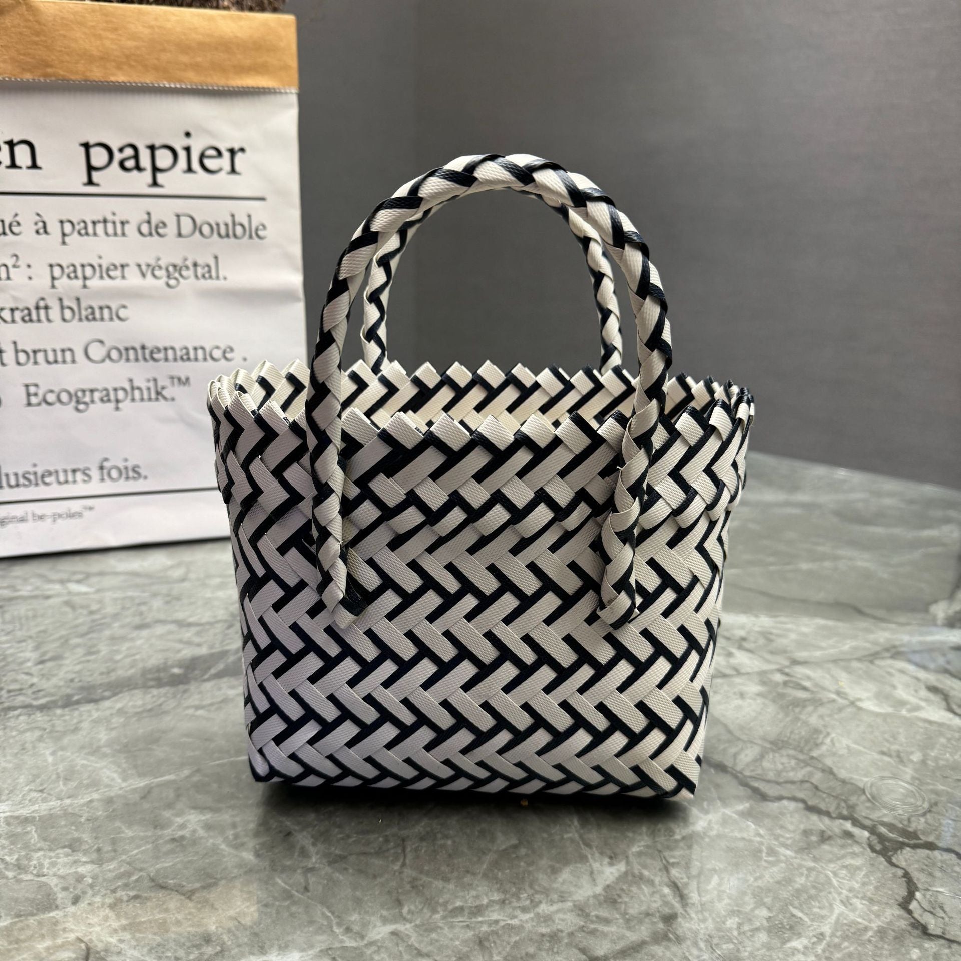 Bohemian Handwoven Upcycled Plastic Tote Bag - Retro Vibrant Striped Beach Basket & Gift Hamper Purse