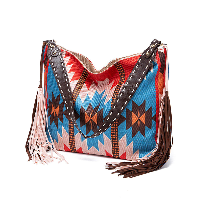 Vintage Southwestern Shoulder Bag - Handmade Tribal Large Capacity Boho Tote with Leather Fringe