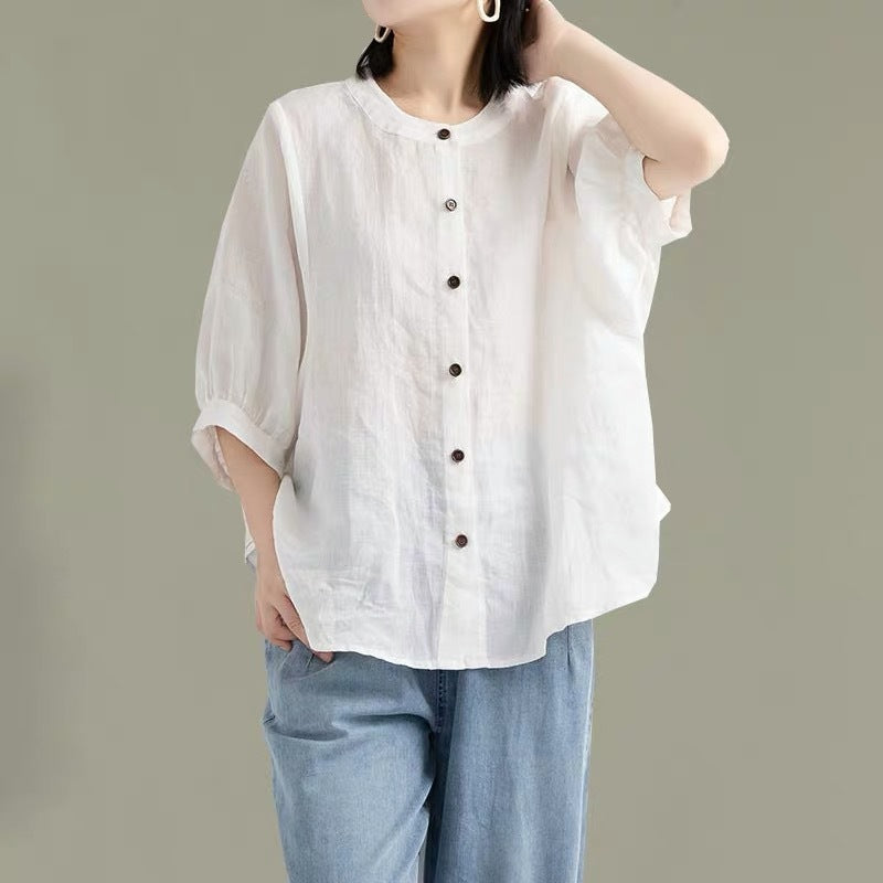 Vintage Linen Blend Button-Down Blouse - Relaxed Fit Lantern Sleeve Casual Shirt Plus Size