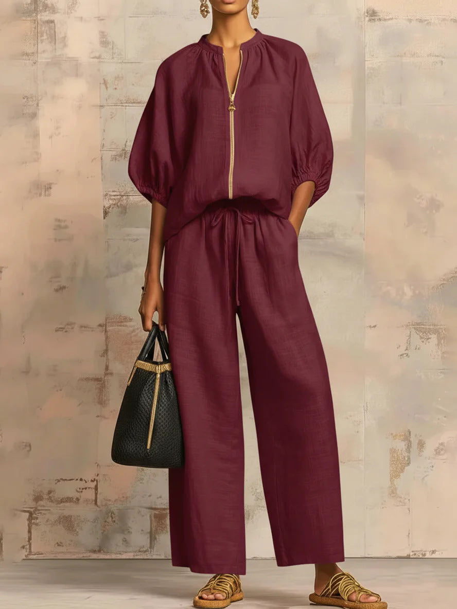 Ensemble de salon chic deux pièces - Blouse à demi-zip et manches bouffantes & Pantalon large taille haute pour femme, survêtement décontracté élégant