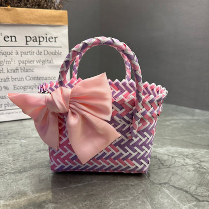 Bohemian Handwoven Upcycled Plastic Tote Bag - Retro Purple Checked Beach Basket with Large Pink Bow