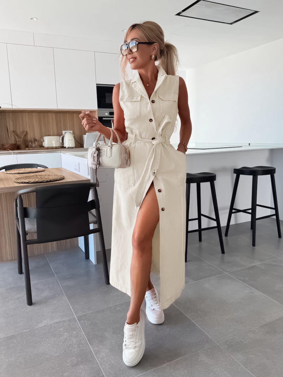 Vintage Solid Pink Denim Shirt Dress for Women - Elegant Turn-Down Collar Vest Dress