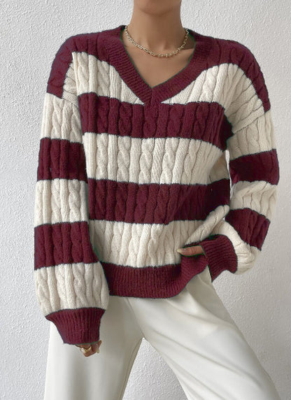 Women's Striped Cable Knit V-Neck Sweater | Casual Loose Fit Color Block Pullover Top