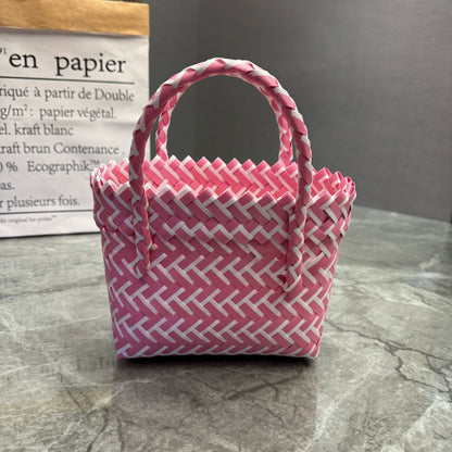 Bohemian Handwoven Upcycled Plastic Tote Bag - Retro Vibrant Striped Beach Basket & Gift Hamper Purse