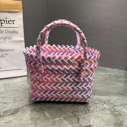 Bohemian Handwoven Upcycled Plastic Tote Bag - Retro Vibrant Striped Beach Basket & Gift Hamper Purse