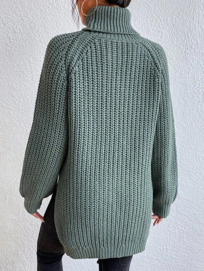 Women's Turtle Neck Ribbed Knit Sweater | Casual Long Sleeve Side Split Tunic Gown