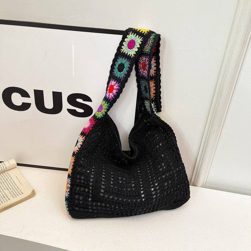 Bohemian Granny Square Crochet Tote Bag - Handmade Floral Knit Beach Shoulder Purse for Women