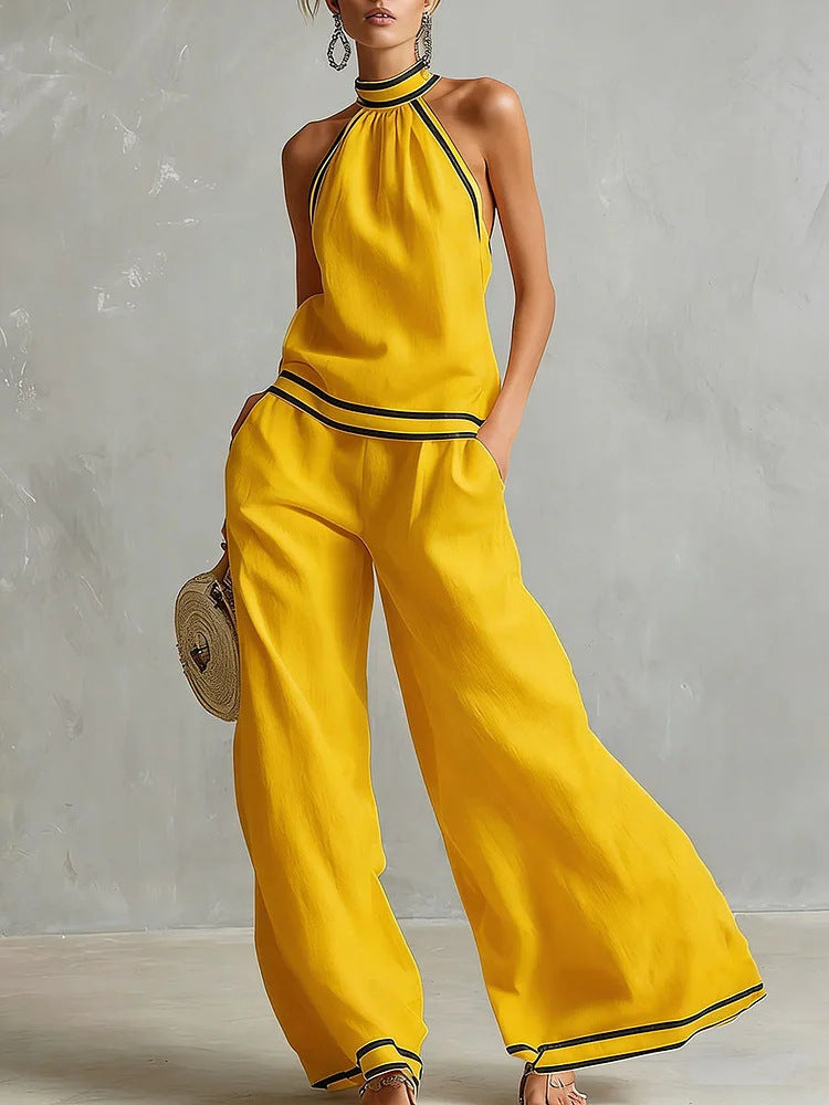 Elegant Minimalist Trimmed White Cotton Linen Halter Neck Top And Wide-leg Pants Set