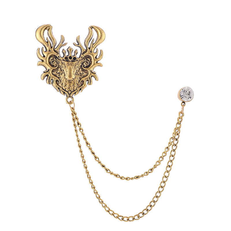 Eastern dragon lapel pins with chains, men's suit brooches zircon suit pins